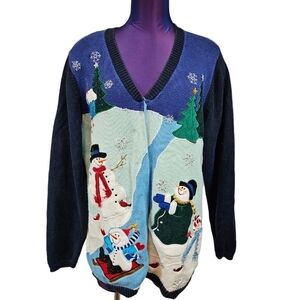 Quacker Factory Blue Button Up Snowman Christmas‎ Cardigan Size Large Women's